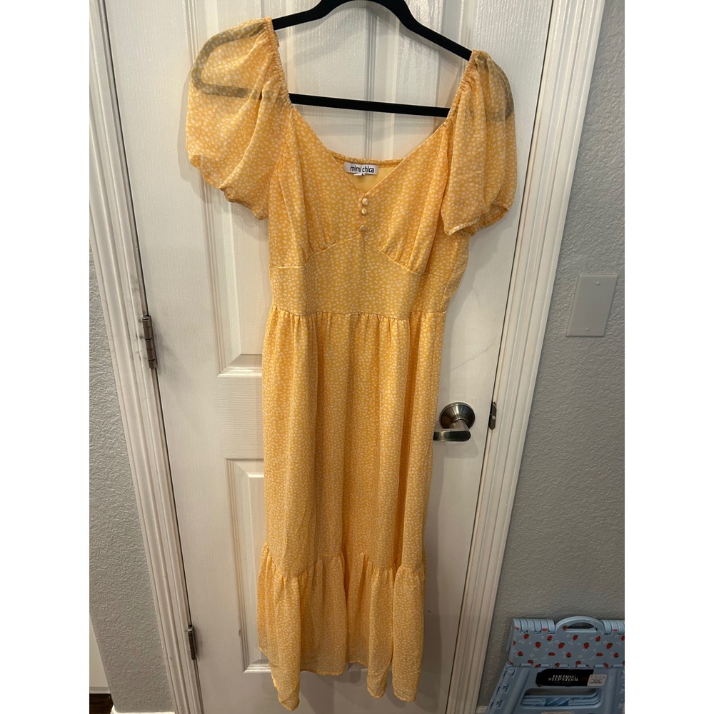 Mimi Chica Midi Dress Yellow Floral Puff‎ Sleeve Tiered Cottagecore